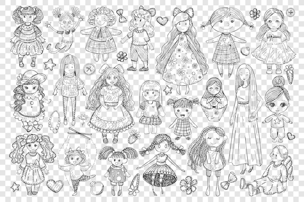 Dolls and toys for girl doodle set illustration