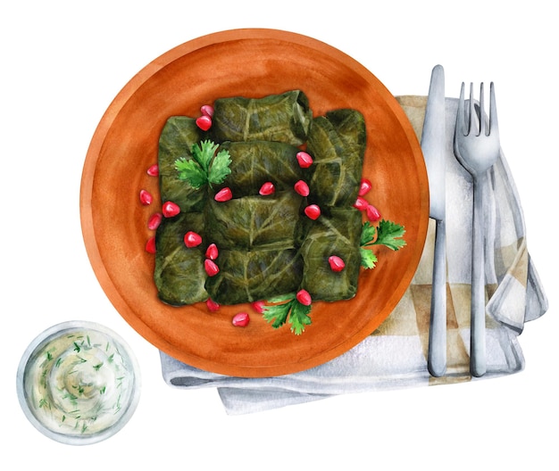 Dolma in a bowl with sauce. Georgian dish of grape leaves with minced meat. Watercolor