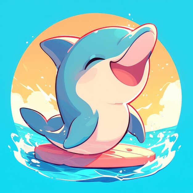 A dolphin on a boogie board cartoon style