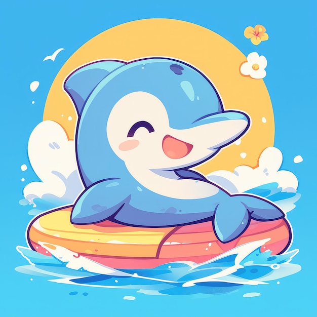 A dolphin on a boogie board cartoon style