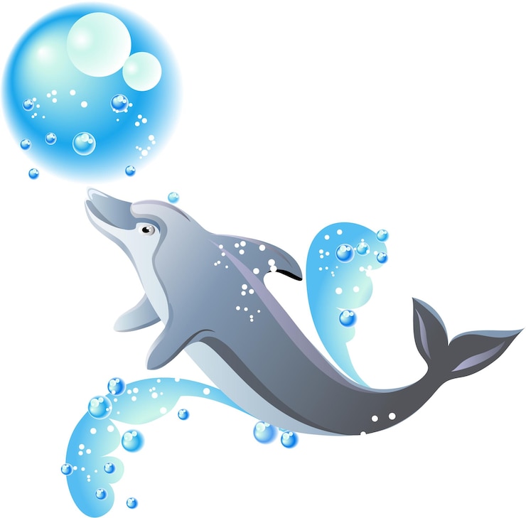 Vector dolphin bubbles and blue waves isolated on white background