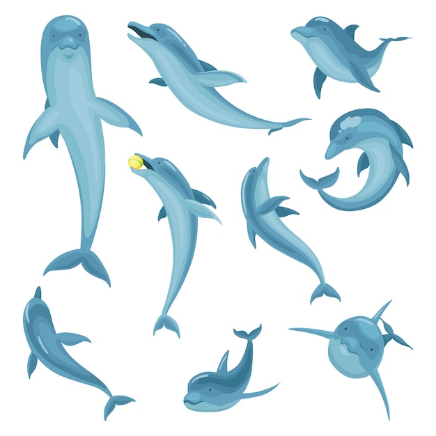 I personaggi dei cartoni animati dei delfini sono isolati su bianco illustrazione vettoriale del pesce azzurro della vita marina o degli animali della natura selvaggia in diverse pose mammifero oceanico in movimento