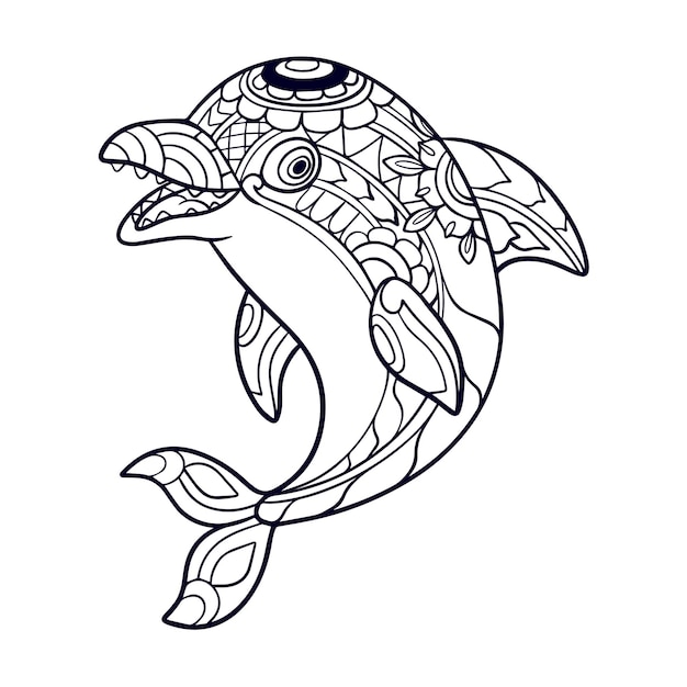 Arti della mandala del fumetto del delfino isolati su priorità bassa bianca