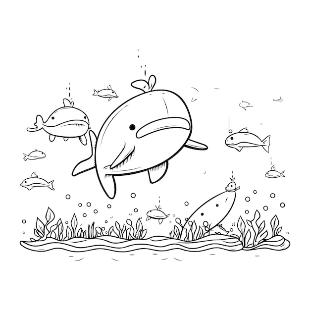 Delfini e pesci libro da colorare per bambini illustrazione vettoriale