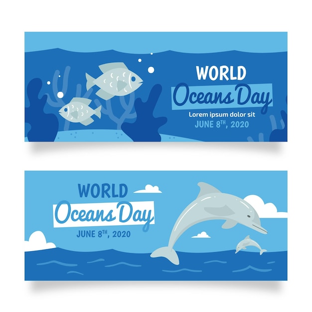 Dolphin and fish hand drawn oceans day banner