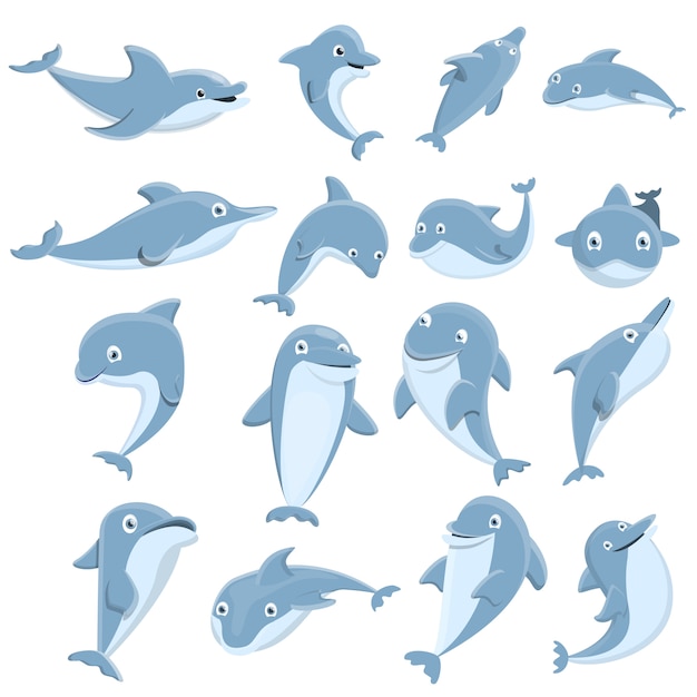 Набор иконок дельфинов, мультяшном стиле