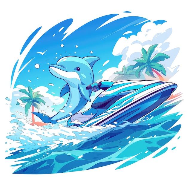 A dolphin on a jet ski cartoon style