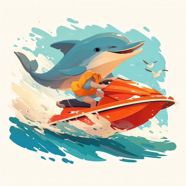 A dolphin on a jet ski cartoon style