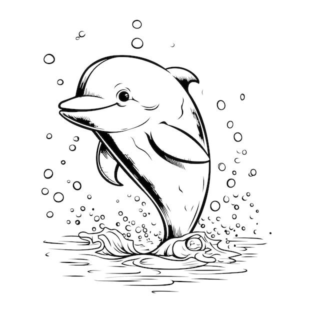 Dolphin jumping out of water Black and white vector illustration