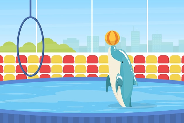 Dolphin Jumping Through Ring Sea Animal Performing in Dolphinarium Vector Illustration