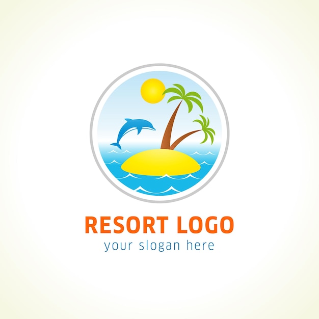 Dolphin jumping above waves Sea sun resort island with palm trees Travel logo concept