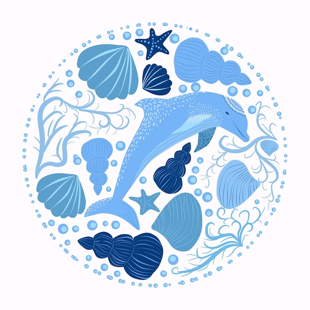 Vector dolphin and marine elements isolated on a white background