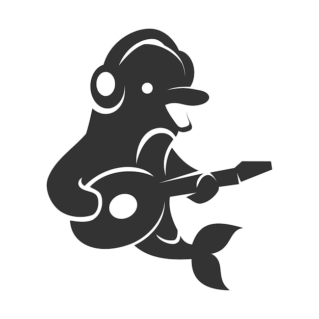 Dolphin playing guitar with headphone icon illustration brand identity