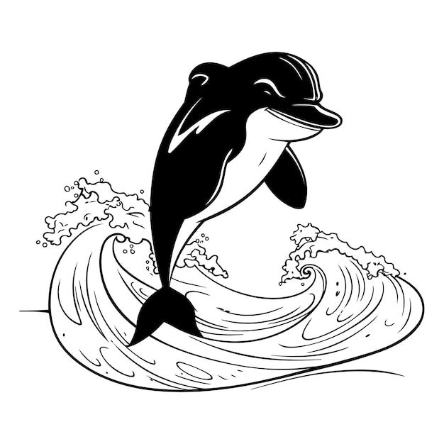 Vector dolphin on the wave in black and white