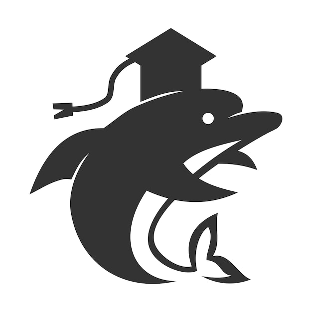 Delfino con cappello laureato icona illustrazione identità del marchio