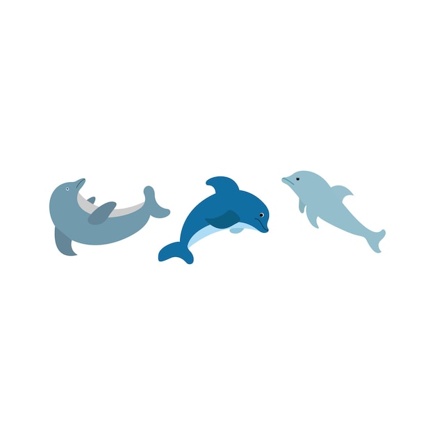 Vector dolphins icons set in flat style. swimming dolphins isolated on white background.