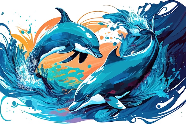 Dolphins swim in he seaColorful summer template Vector illustration desing