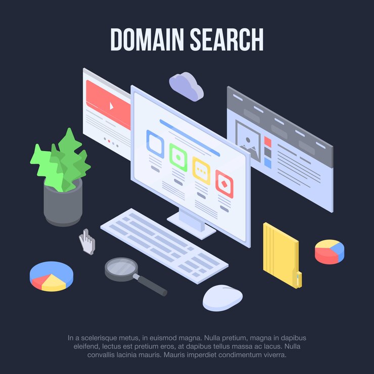 Vector domain search concept banner, isometric style