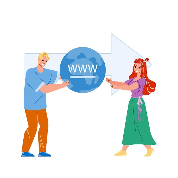 Vector domain transfer and change internet hosting vector. man owner domain transfer to woman or changing data center service. characters people internet business flat cartoon illustration