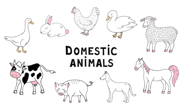 Vector domestic animals set cow horse pig hand drawn illustration