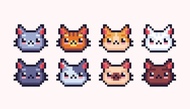 Vettore set di pixel art per la faccia anteriore del gatto domestico. collezione di testa di gattino carino. sprite a 8 bit.