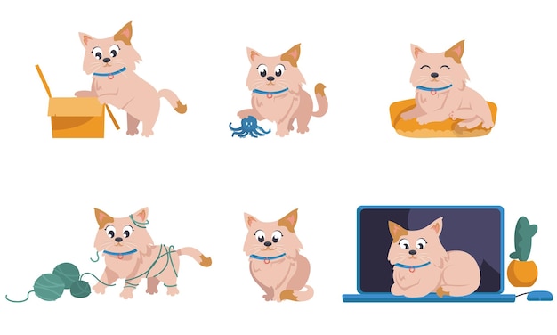 Вектор Домашняя кошка в разных позах домашнее животное в мультяшном стиле