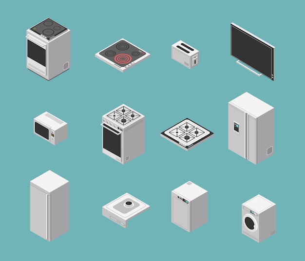 Domestic and kitchen appliances isometric  icons set