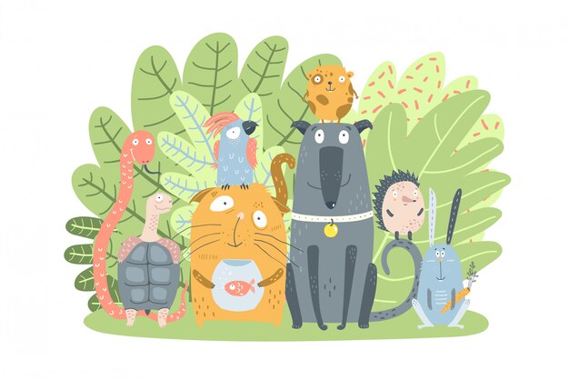Vector domestic pets animals with green bush
