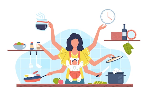 Domestic tasks woman multifunctional female character with many hands doing different jobs mother with baby cooks food productive motherhood and household vector cartoon flat isolated concept