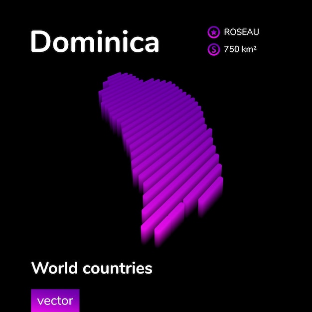 Dominica 3D map Stylized striped neon isometric vector Dominica map is in violet colors on black background