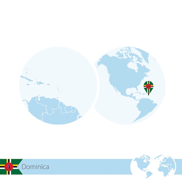 Dominica op wereldbol met vlag en regionale kaart van dominica. vectorillustratie.