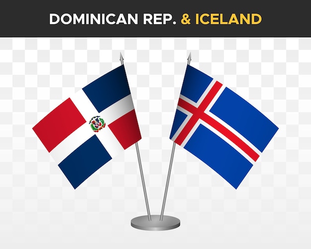 Dominicaanse Republiek vs IJsland bureauvlaggen mockup 3D vector illustratie tafelvlaggen