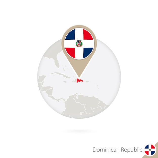 도미니카 공화국 지도 및 원 안에 플래그입니다. 도미니카 공화국의 지도, 도미니카 공화국 플래그 핀. 세계 스타일의 도미니카 공화국 지도. 벡터 일러스트 레이 션.