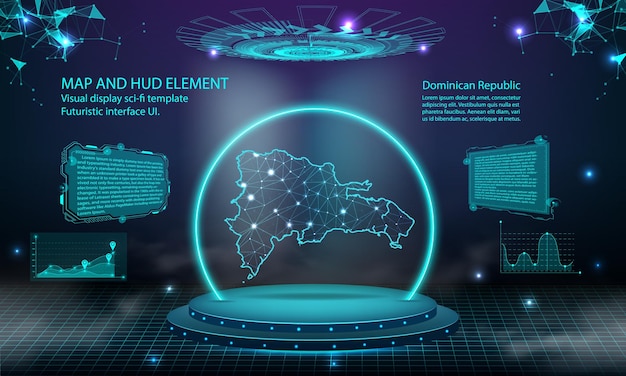 Repubblica dominicana mappa luce collegamento effetto sfondo astratto tecnologia digitale ui gui futuristico hud interfaccia virtuale con mappa dominicana palco podio futuristico nella nebbia