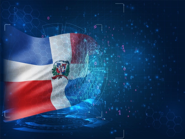 Dominican Republic, vector 3d flag on blue background with hud interfaces