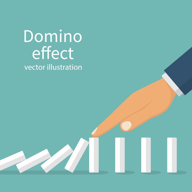 Domino-effect Stoppen met kettingreactie zakelijke oplossing Succesvolle interventie De man stopt de vallende domino met vinger hand Vector illustratie plat ontwerp geïsoleerd op witte achtergrond