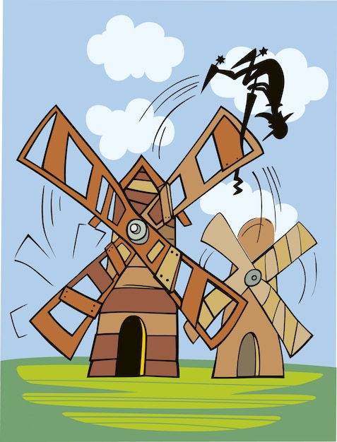 Vector don quixote and wind mill