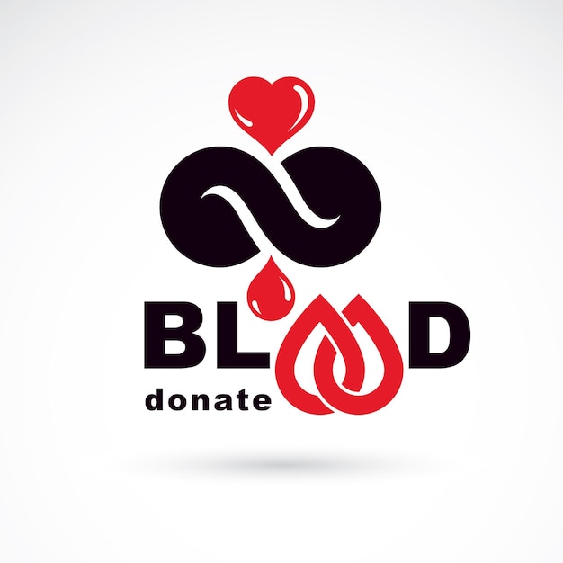 Сдайте кровь с надписью, выделенной на белом и сделанной с использованием векторных красных капель крови, формы сердца и символа бесконечности. Спасти жизнь концептуальной графической иллюстрации. Символ медицинской помощи.