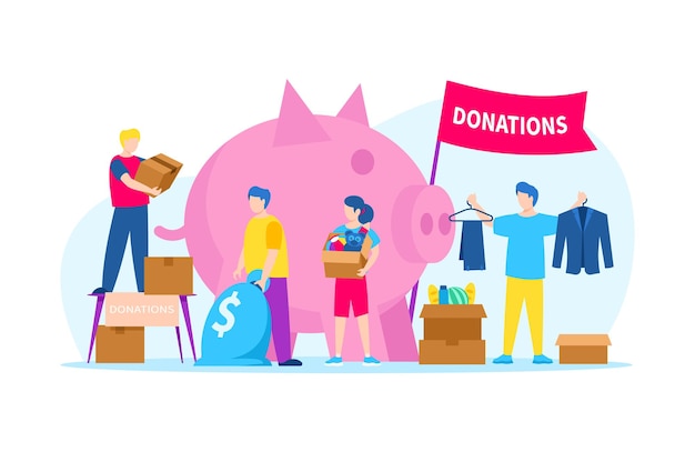 Vector donate money for volunteer charity, vector illustration. man woman character make donation by food, clothes, toys near huge piggy bank. volunteering aid and social help concept, flat banner.