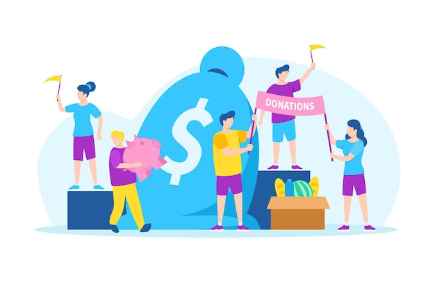 Donate money with charity, volunteer aid, vector illustration. man woman character giving finan ial help, assistance and support. volunteering people hold flags, install poster near huge money bag.