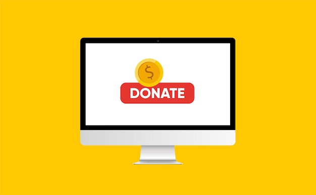 Donate online concept. PC with gold coin and button on the screen.