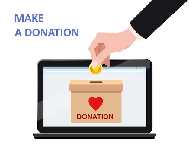 Vector donate online payments hand insert money gold coin in to the donation box on a laptop pc display