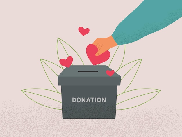 Vector donatiebox en liefdesconcept menselijke hand die rode harten in de donatiebox zet