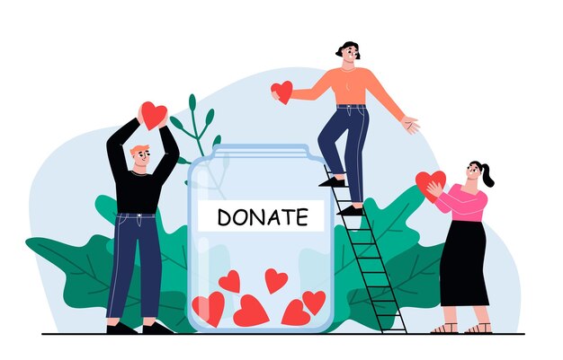 Donatieconcept donatie financiële en hartenondersteuning of helpen liefdadigheid mensen houden harten humanisme vrijwilligersgemeenschap sapid vector scène van liefdadigheid en ondersteuning hulp illustratie