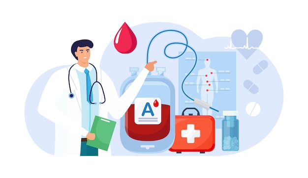 Donating blood in donation bag. Blood donor hemolytic transfusion bank. Save patient live. Hematology clinical laboratory analysis. Patient support, charity, volunteering