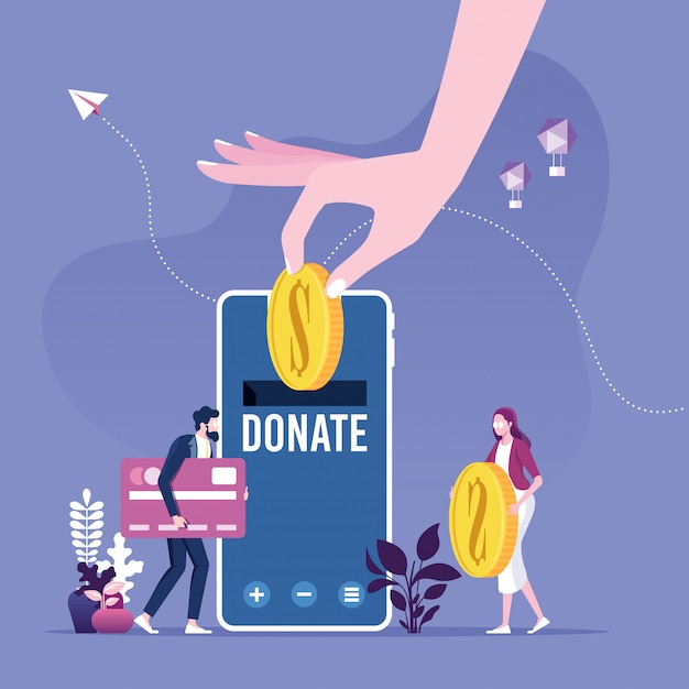 Vector donating money by online payments. charity fundraising concept.