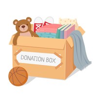 募金箱。貧しい子供たちやホームレスの人々のためのチャリティー。おもちゃ、本、洋服が入った箱。社会的ケアと寛大さのベクトルの概念。イラストチャリティーと寄付、募金箱ボランティア
