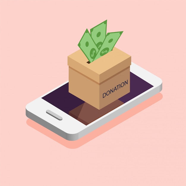 Donation box in the phone. Donate, giving money online. illustration in isometric style.