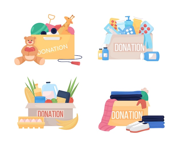 Donation box semi flat color vector item set