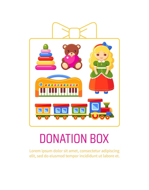 Vector donation box with children's toys.